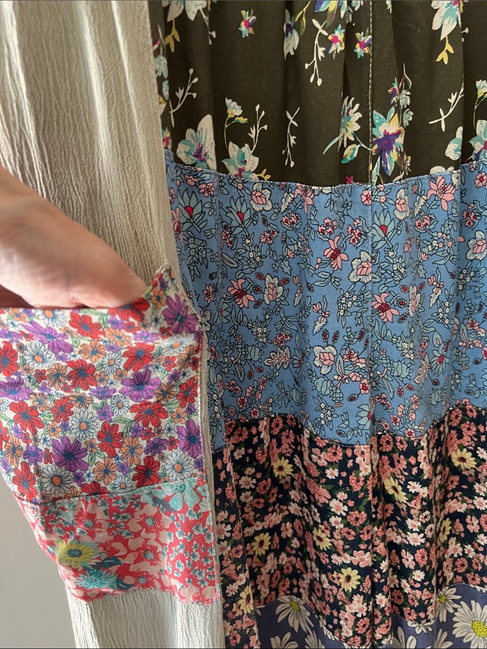 Patchwork Floral Flowy Pants in Olive, Blue & Cream - Picture 3 of 7